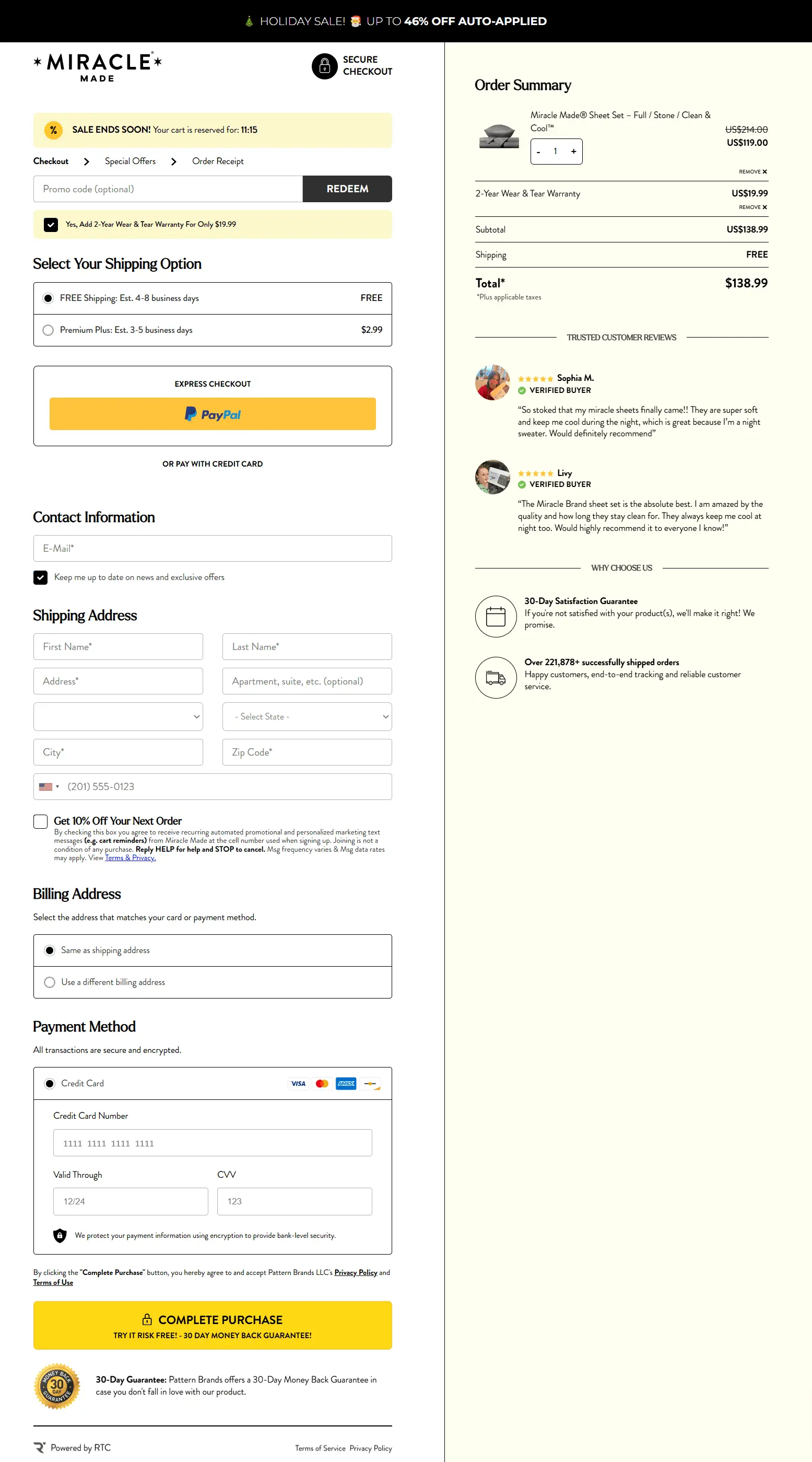 Miracle Sheet checkout page